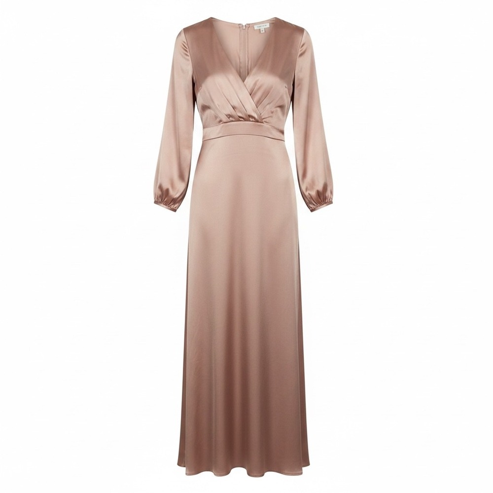 Rosevelvet Women Copper Satin V-Neck Long Sleeve Maxi Dress Lg Formal Evening